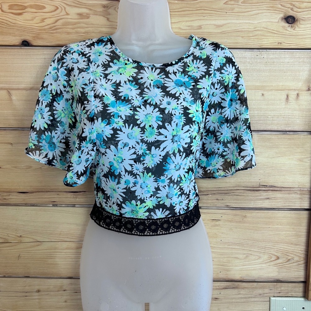 Justice Girls Floral Mesh Crop Top Blue Green Daisy Sequin Flutter Sleeve 17in L